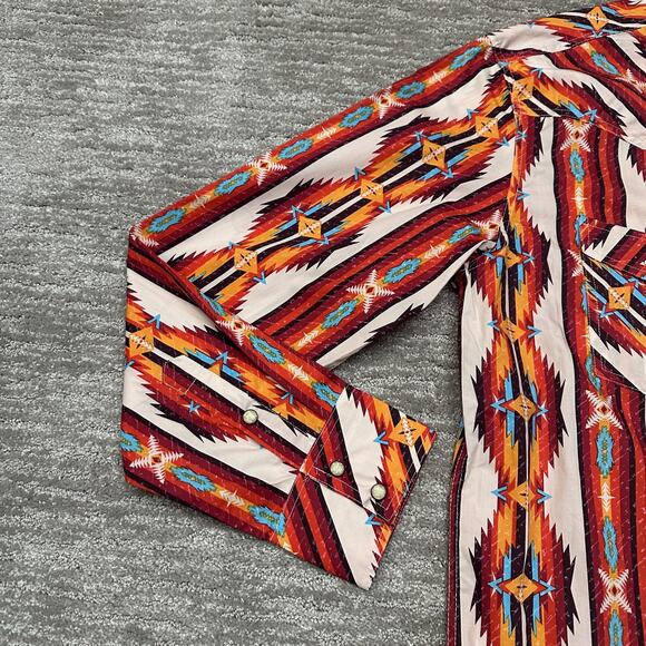 Rock & Roll Denim Shirt Mens XL Orange Blue Western Pearl Snap Aztec Retro - Picture 4 of 12